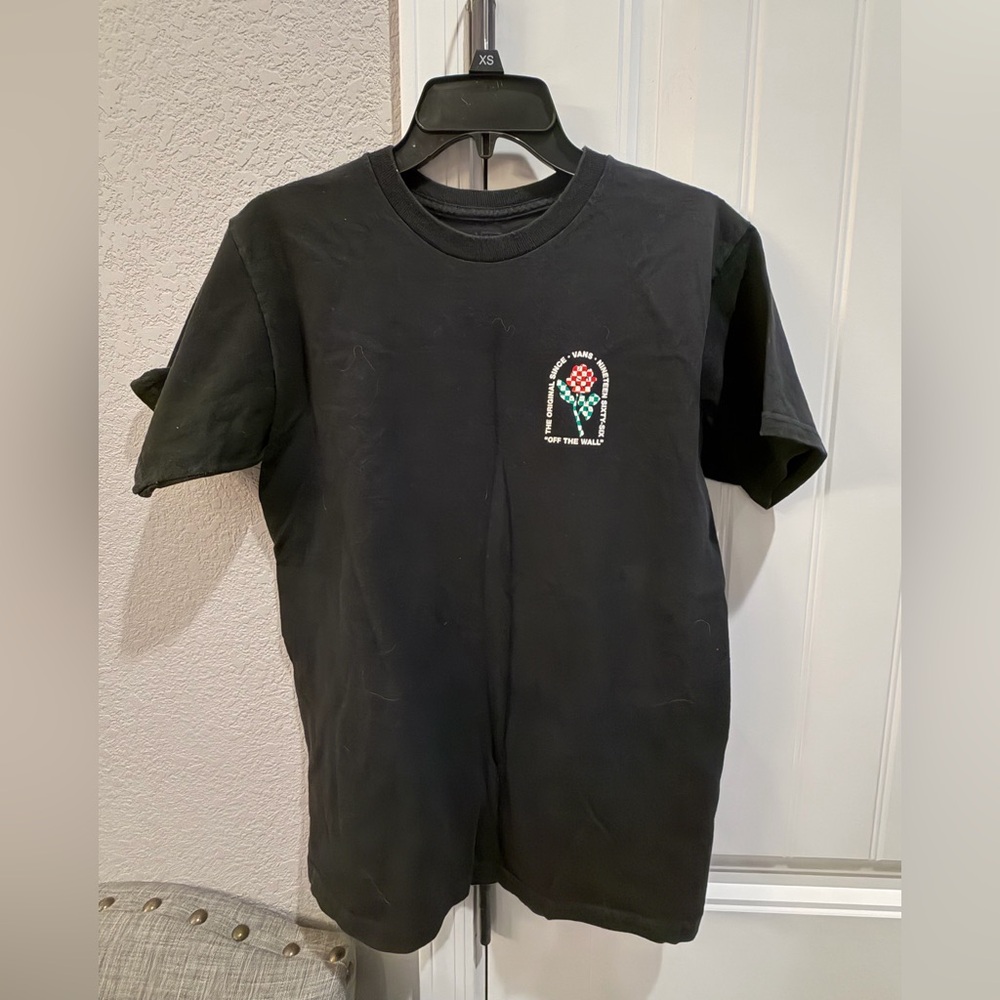 Vans Black Tee with Red & Teal Checkerboard Rose